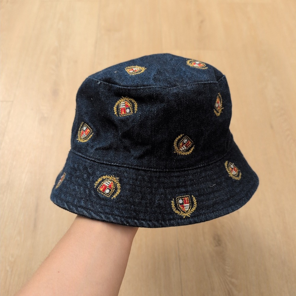 Dark Wash Denim Bucket Hat with All Over Embroidered Crest Pattern
